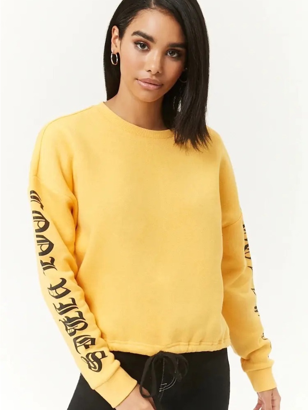 Forever 21 Yellow Crewneck Cropped Graphic Long Sleeve Sweatshirt Size Medium